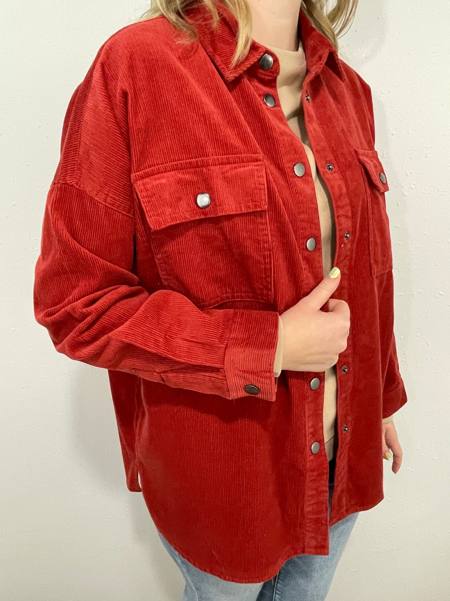 LOVING HIM WAS RED CORD SHACKET - DEEP RED