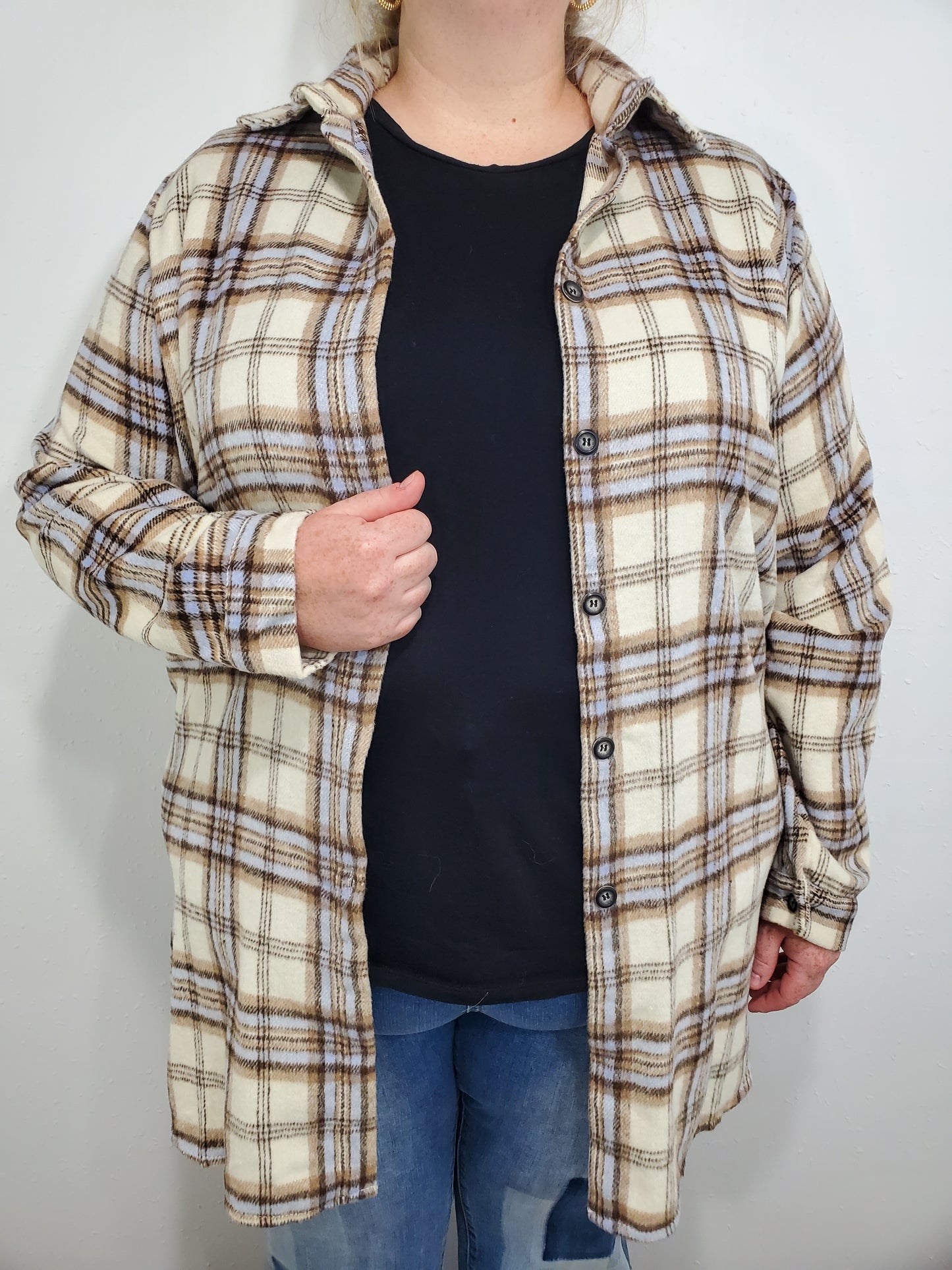 LONG PLAID SHACKET - CREAM/BLUE