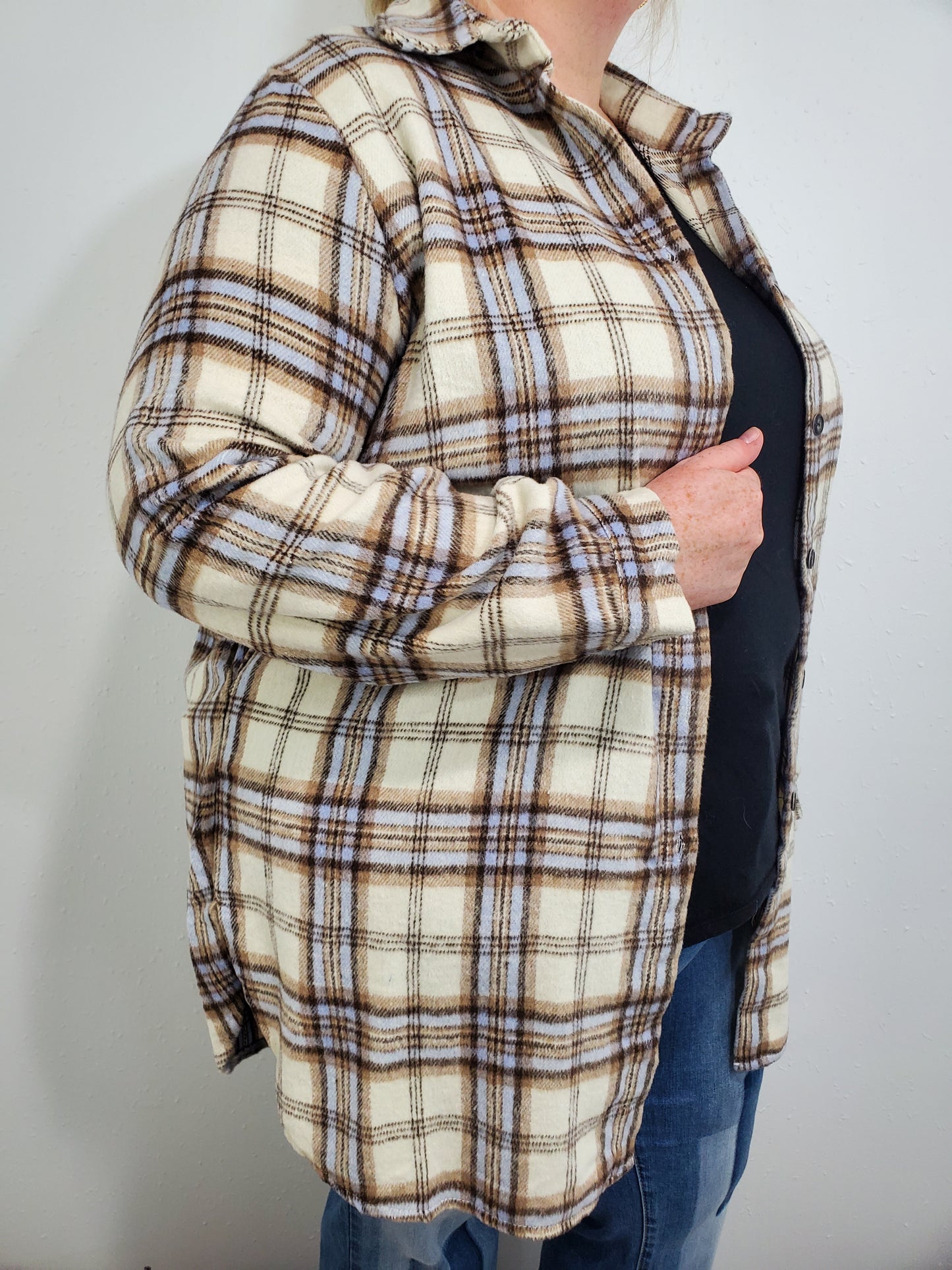 LONG PLAID SHACKET - CREAM/BLUE