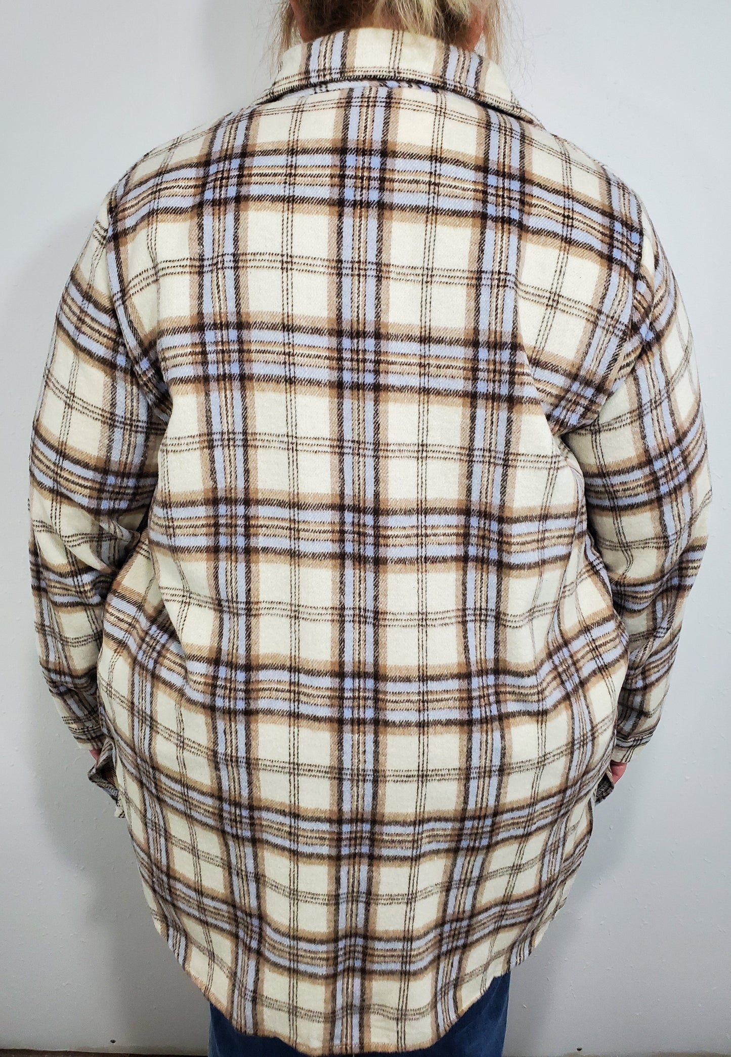 LONG PLAID SHACKET - CREAM/BLUE
