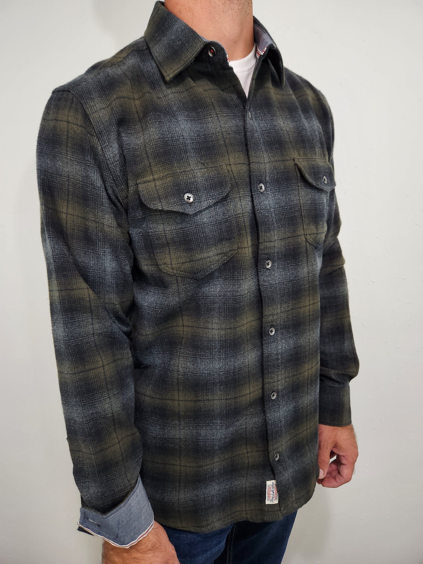FLAG & ANTHEM SHELTON FLANNEL BUTTON DOWN - OLIVE/BLACK/CHARCOAL