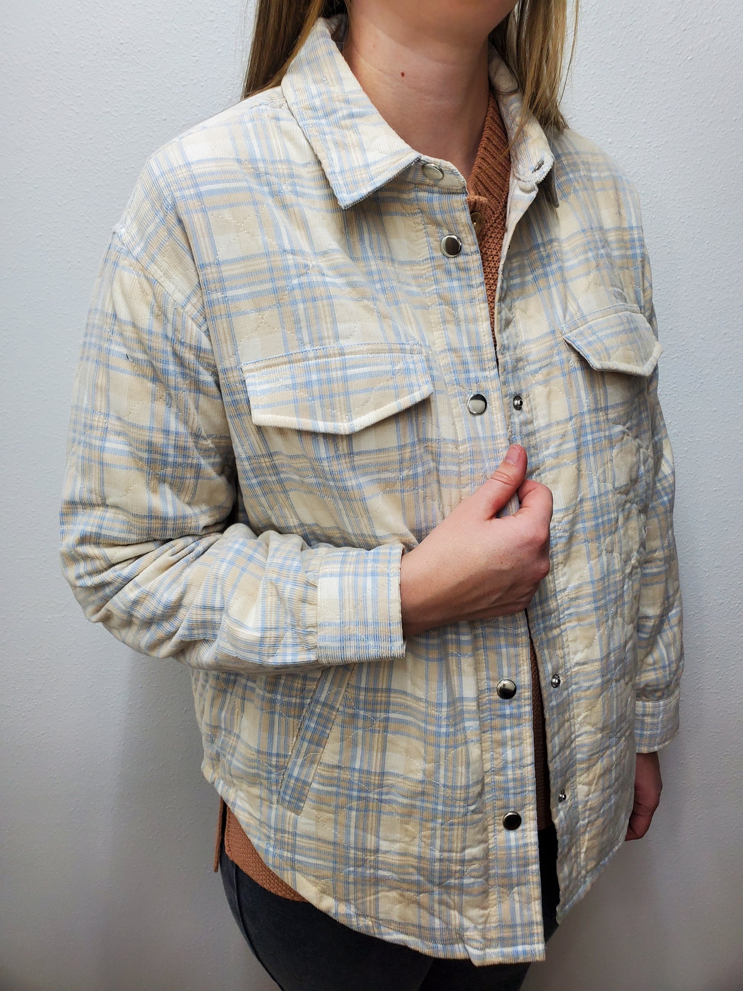 BELLAIRE QUILTED CORDUROY PLAID JACKET - IVORY/BLUE