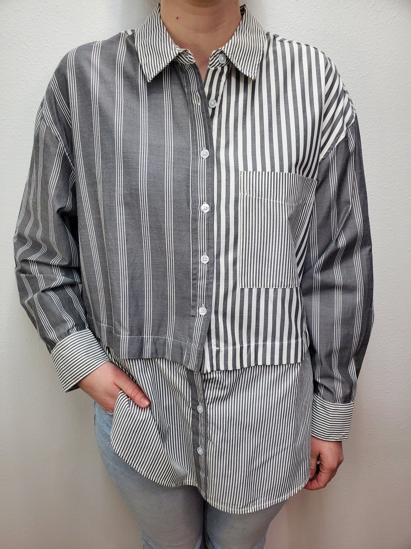 MADISON 2 IN 1 BLOUSE - GREY/WHITE