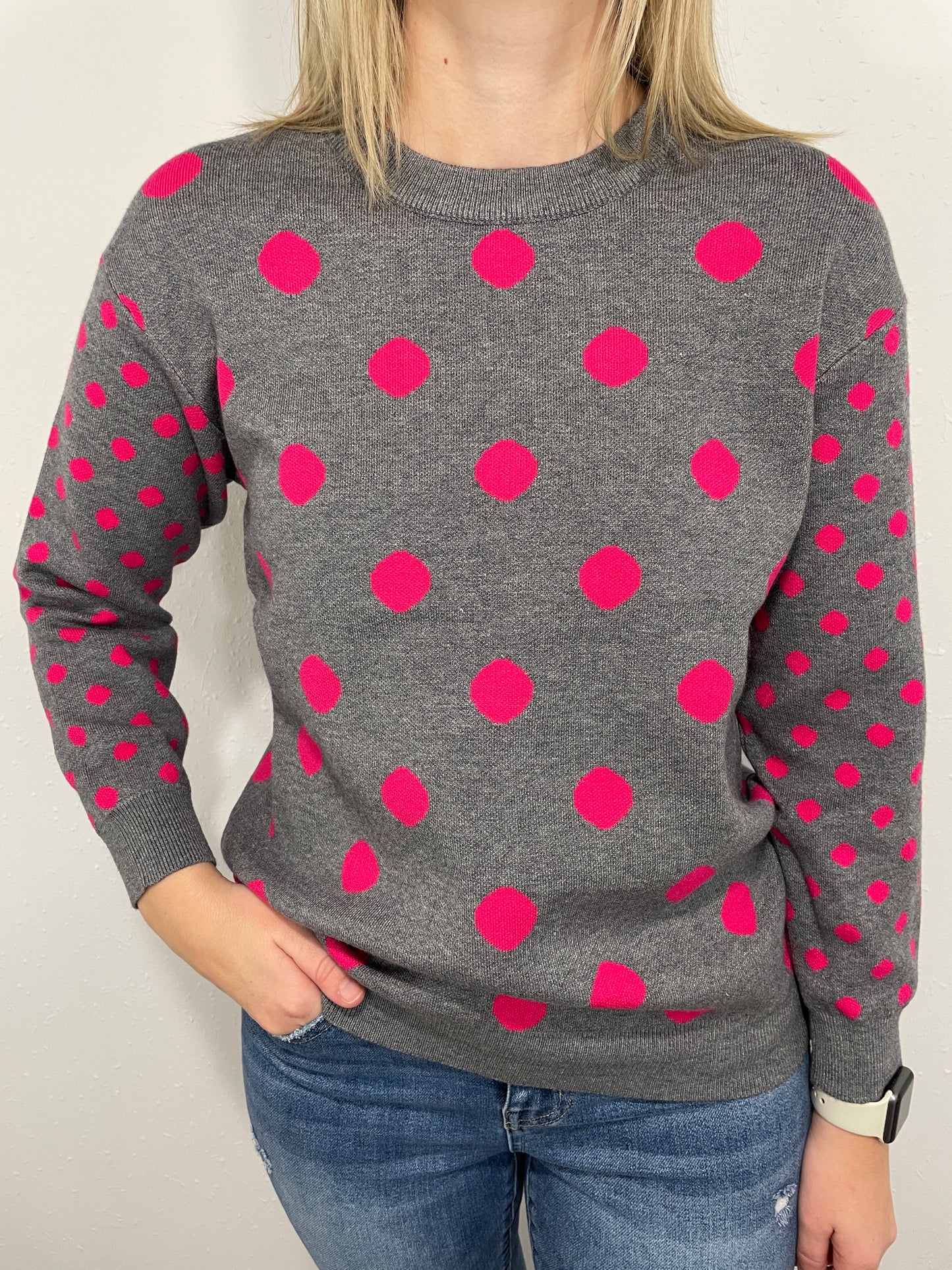 HAPPY TIMES POLKA DOT SWEATER - PINK/GREY