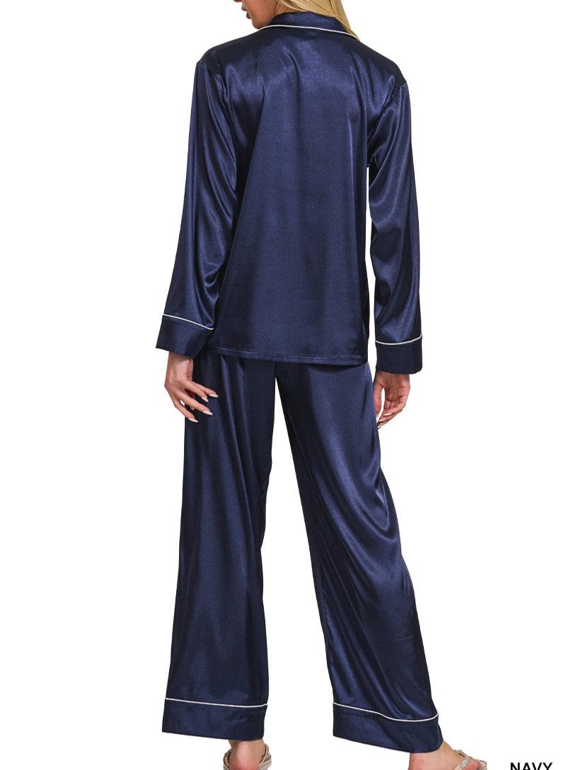 SATIN LONG SLEEVE SHIRT AND LONG PANTS 2 PIECE PAJAMA SET