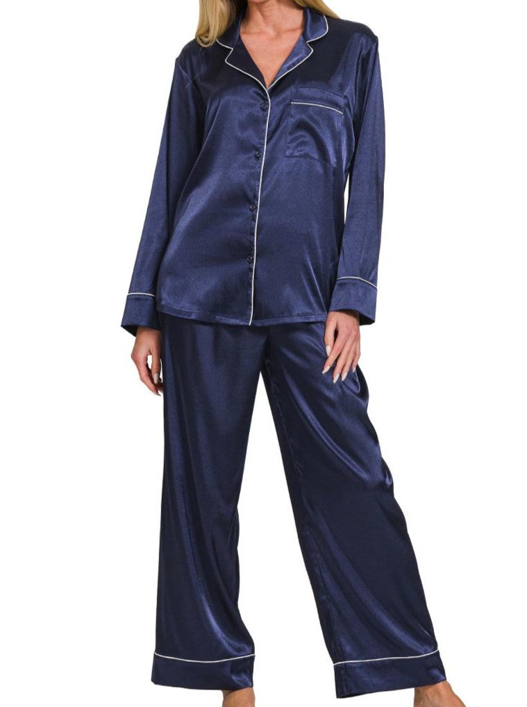 SATIN LONG SLEEVE SHIRT AND LONG PANTS 2 PIECE PAJAMA SET