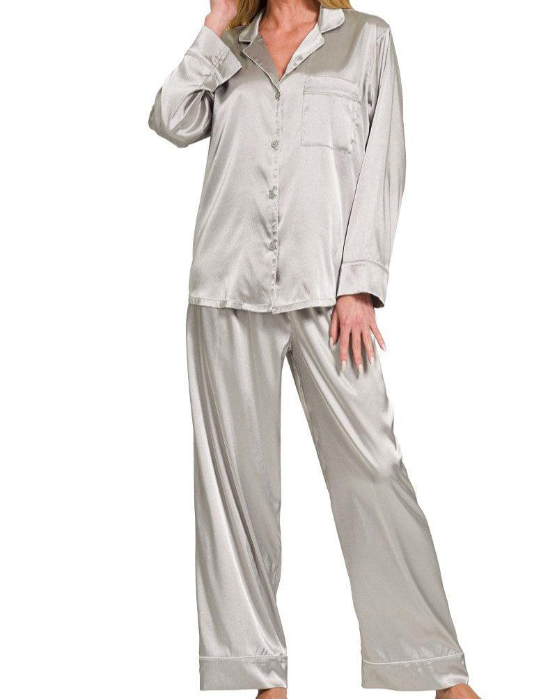 SATIN LONG SLEEVE SHIRT AND LONG PANTS 2 PIECE PAJAMA SET