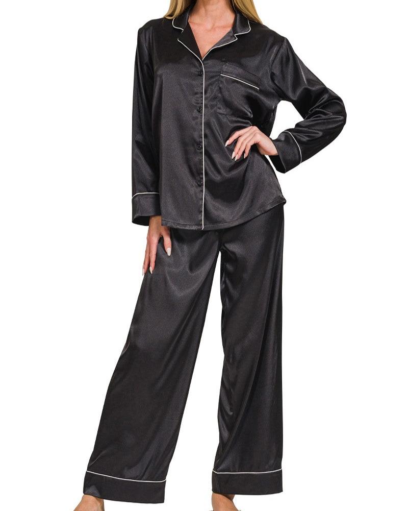 SATIN LONG SLEEVE SHIRT AND LONG PANTS 2 PIECE PAJAMA SET