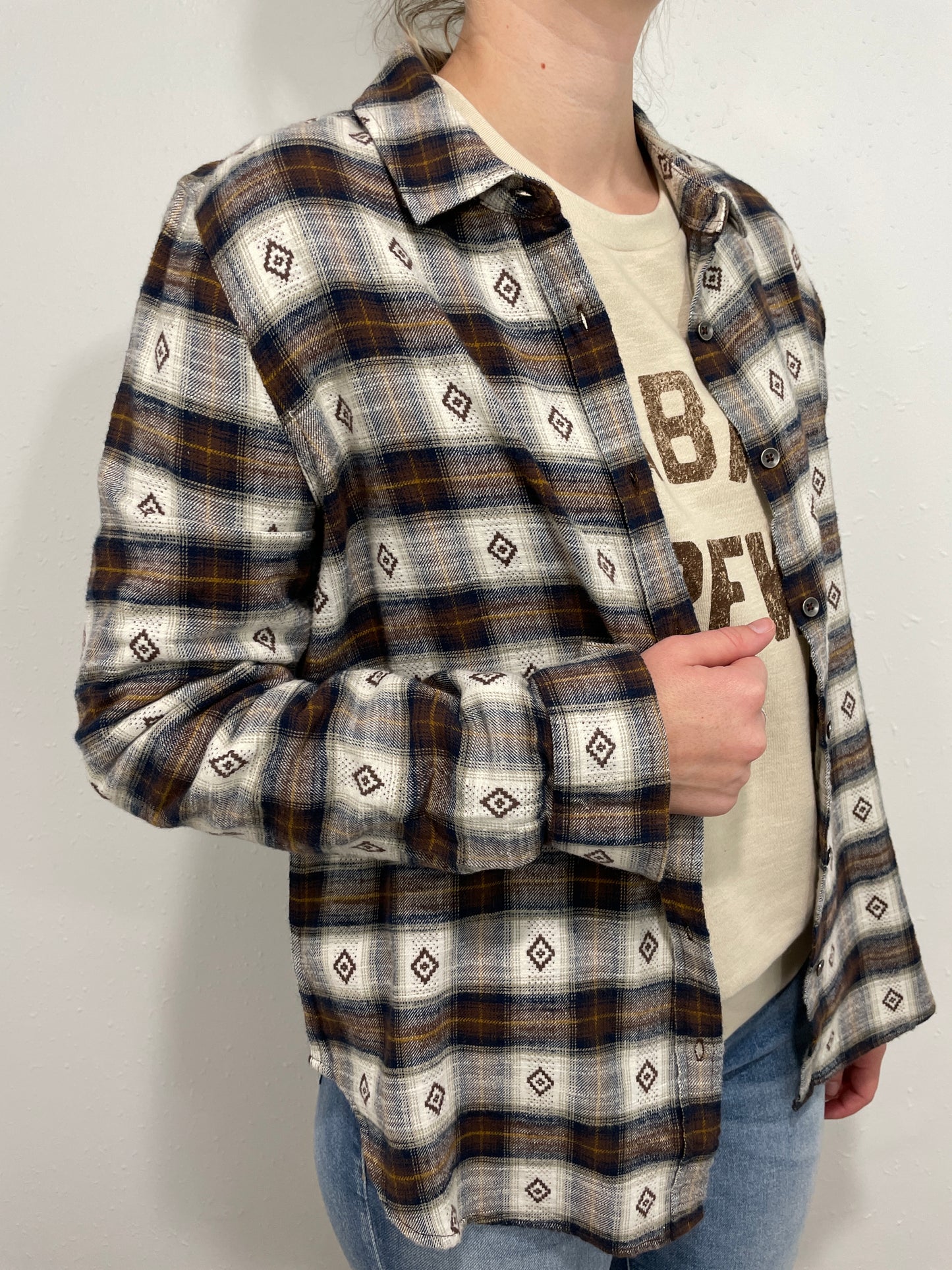 MORA DOBBY PLAID SHIRT - NAVY/WHITE/BROWN