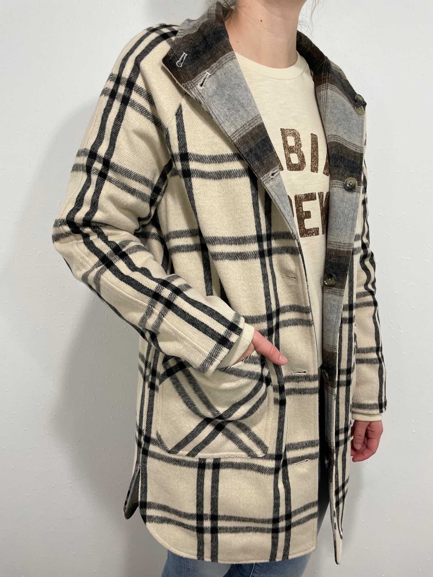 ANETA REVERSIBLE PLAID COAT - OFF WHITE/GREY/BLACK