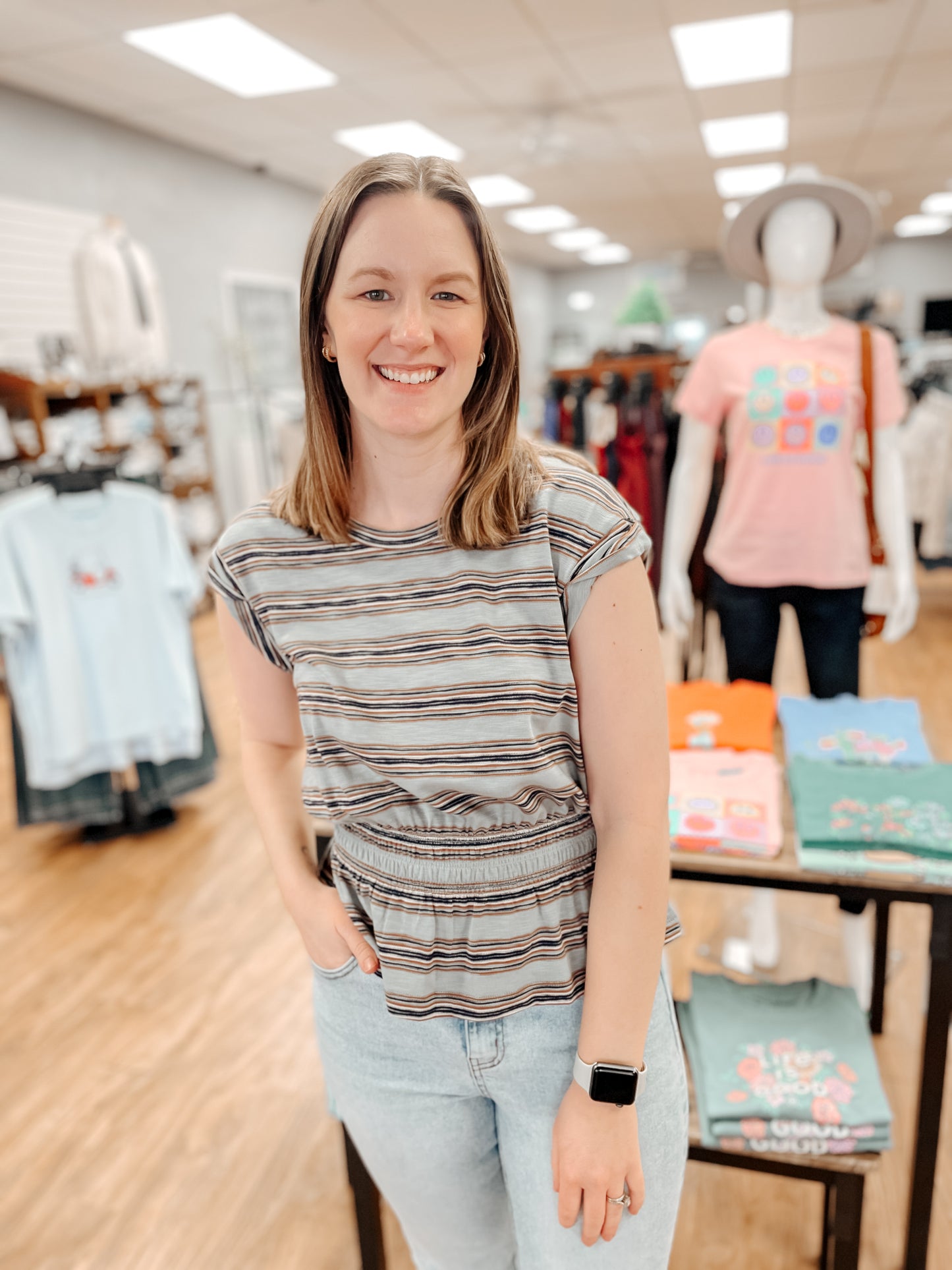 STRIPE PEPLUM TOP - SLATE/JADE/NAVY