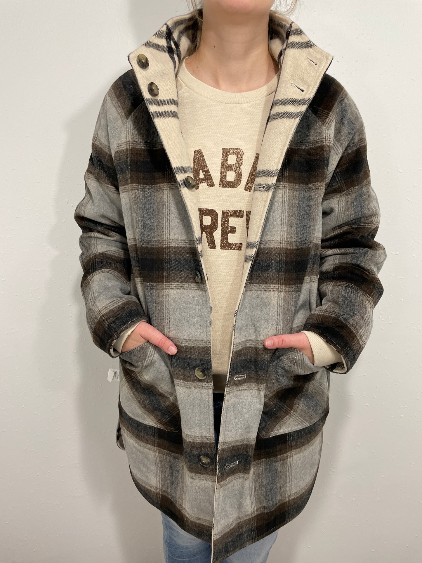 ANETA REVERSIBLE PLAID COAT - OFF WHITE/GREY/BLACK