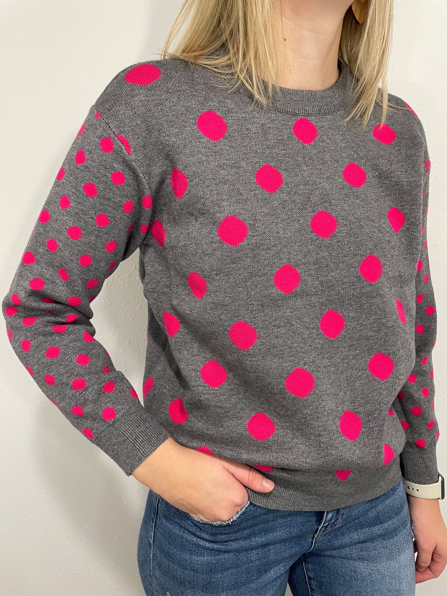 HAPPY TIMES POLKA DOT SWEATER - PINK/GREY