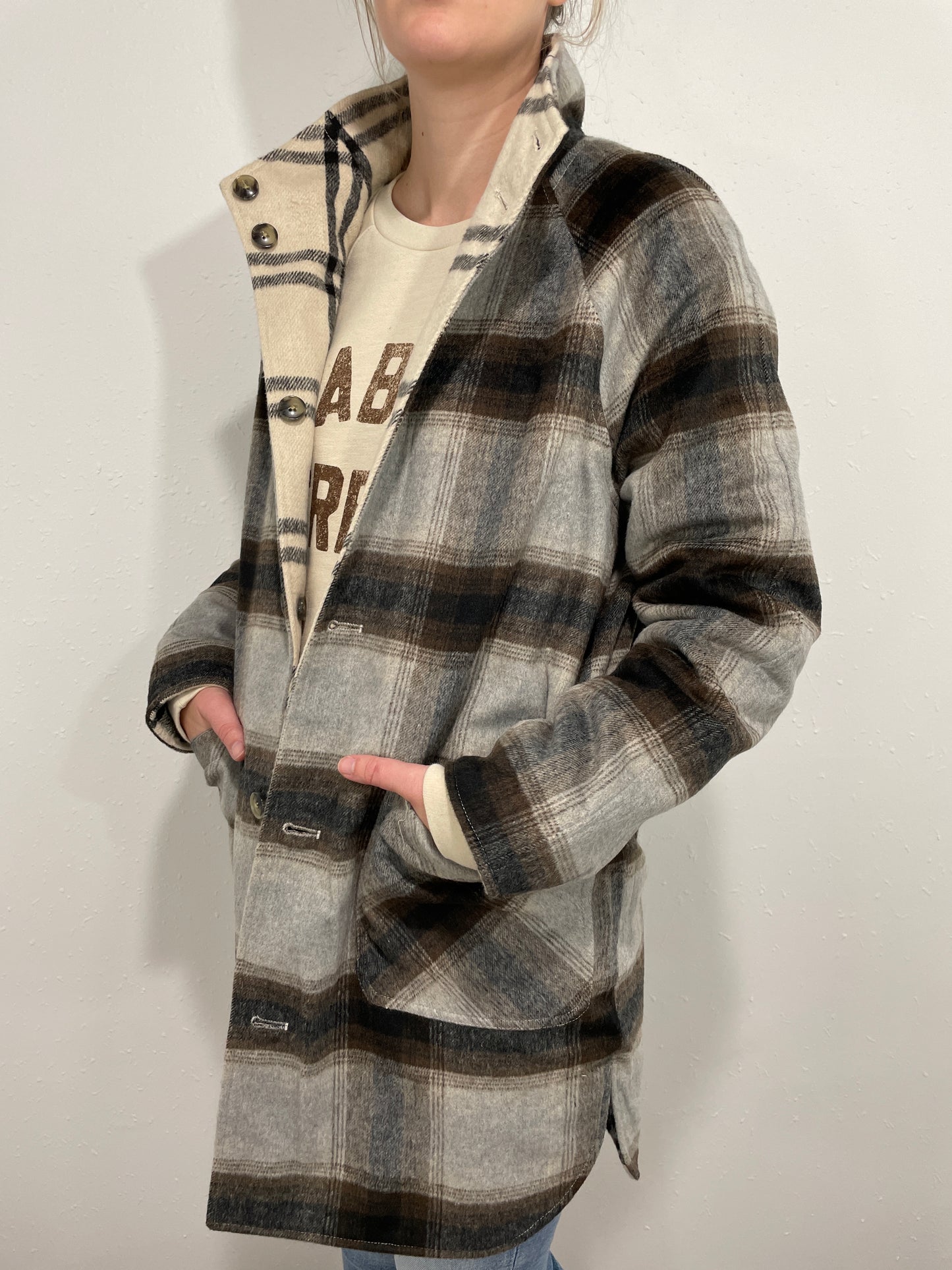 ANETA REVERSIBLE PLAID COAT - OFF WHITE/GREY/BLACK