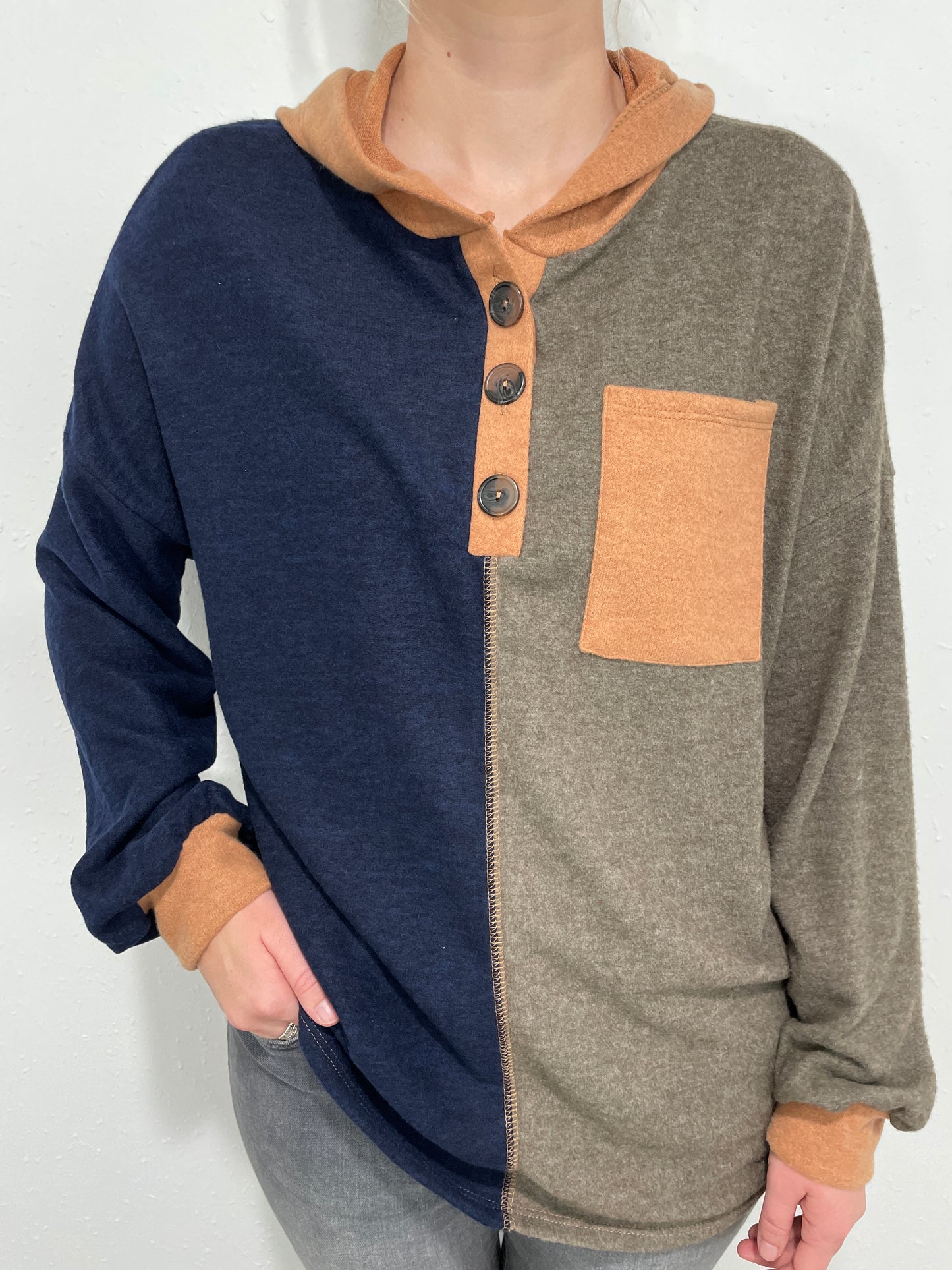 HAILEY & CO COLOR BLOCK HOODIE - NAVY/GREY/TAUPE
