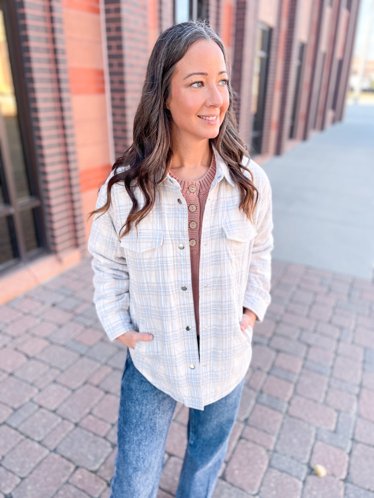 BELLAIRE QUILTED CORDUROY PLAID JACKET - IVORY/BLUE