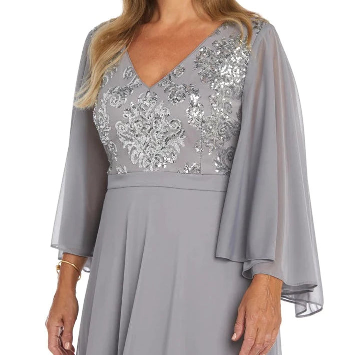 SEQUIN BODY CAPE SLEEVE DRESS - SILVER