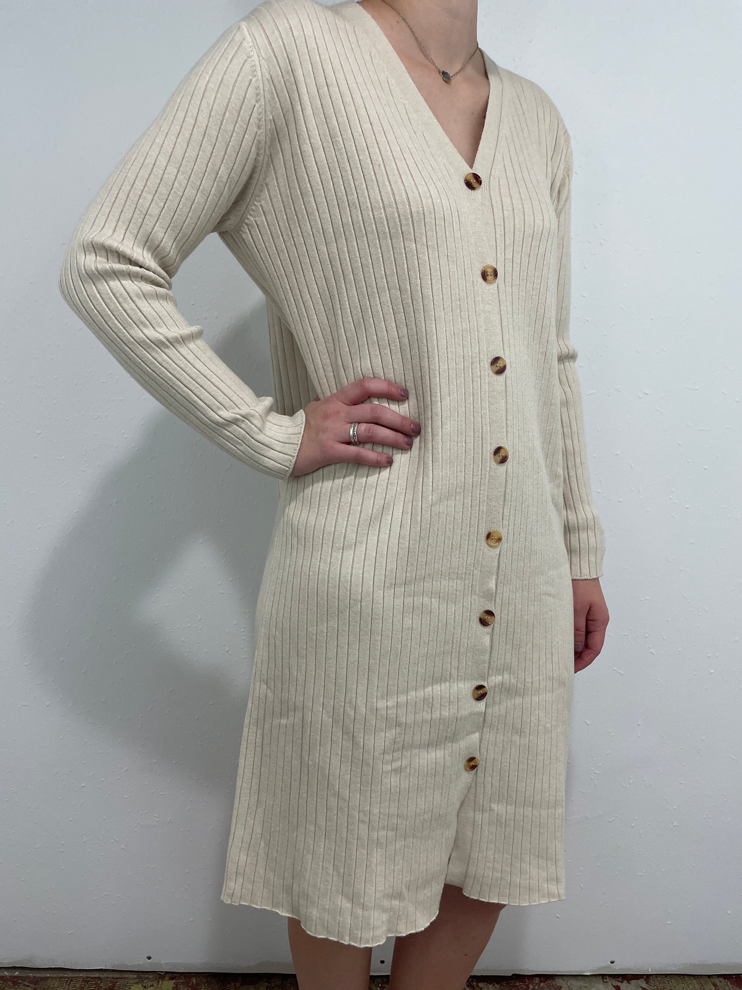 FELICITY BUTTON FRONT SWEATER DRESS - CREAM