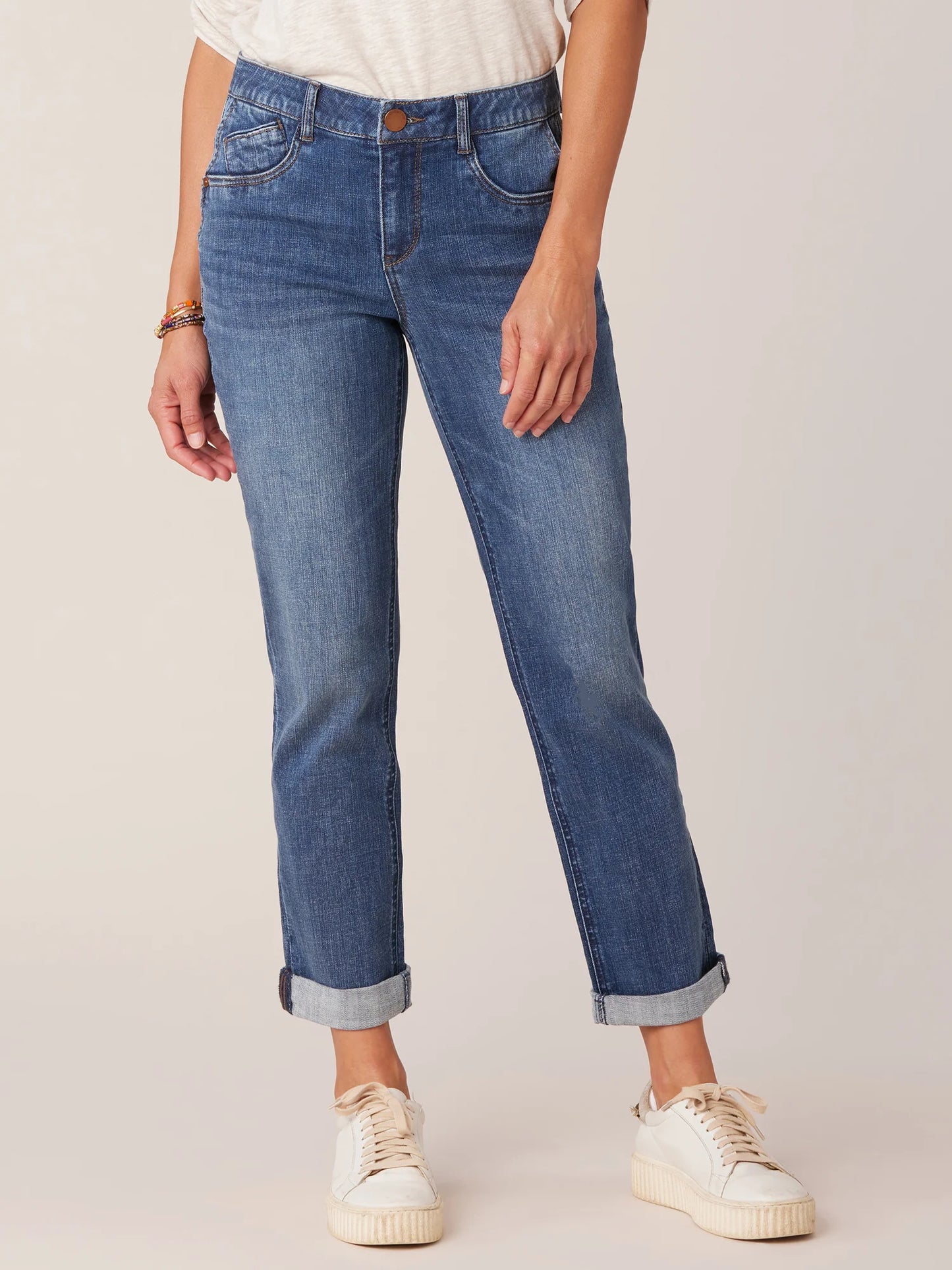 "AB"SOLUTION MID-RISE GIRLFRIEND JEANS - BLUE ARTISANAL DENIM