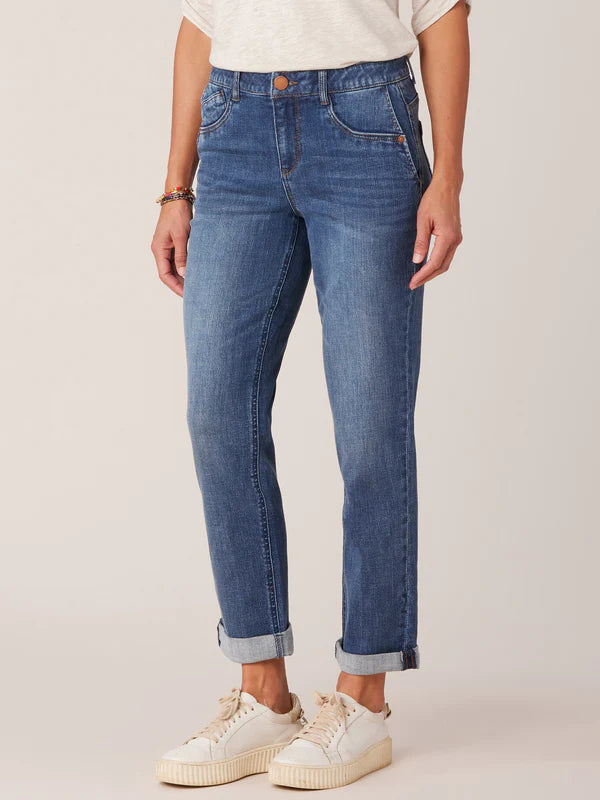 "AB"SOLUTION MID-RISE GIRLFRIEND JEANS - BLUE ARTISANAL DENIM