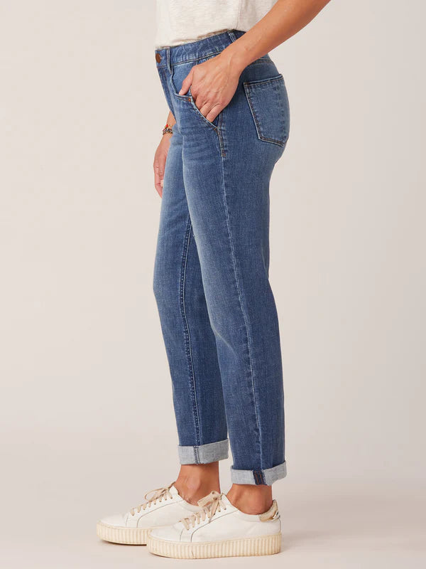 "AB"SOLUTION MID-RISE GIRLFRIEND JEANS - BLUE ARTISANAL DENIM