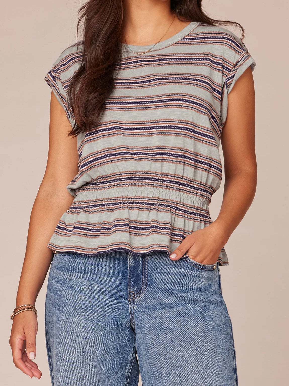 STRIPE PEPLUM TOP - SLATE/JADE/NAVY