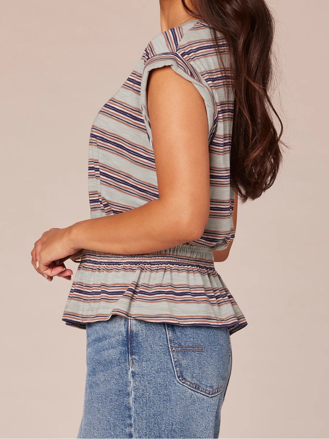 STRIPE PEPLUM TOP - SLATE/JADE/NAVY