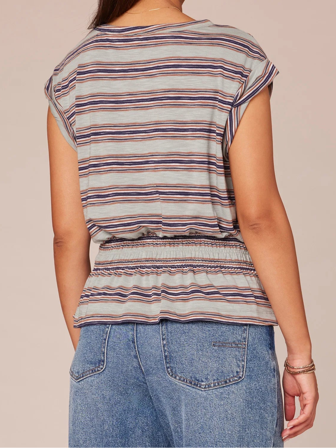 STRIPE PEPLUM TOP - SLATE/JADE/NAVY