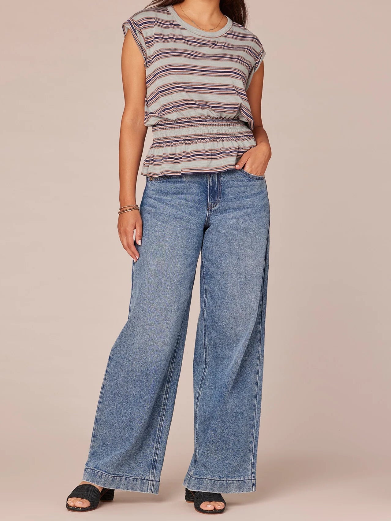 STRIPE PEPLUM TOP - SLATE/JADE/NAVY