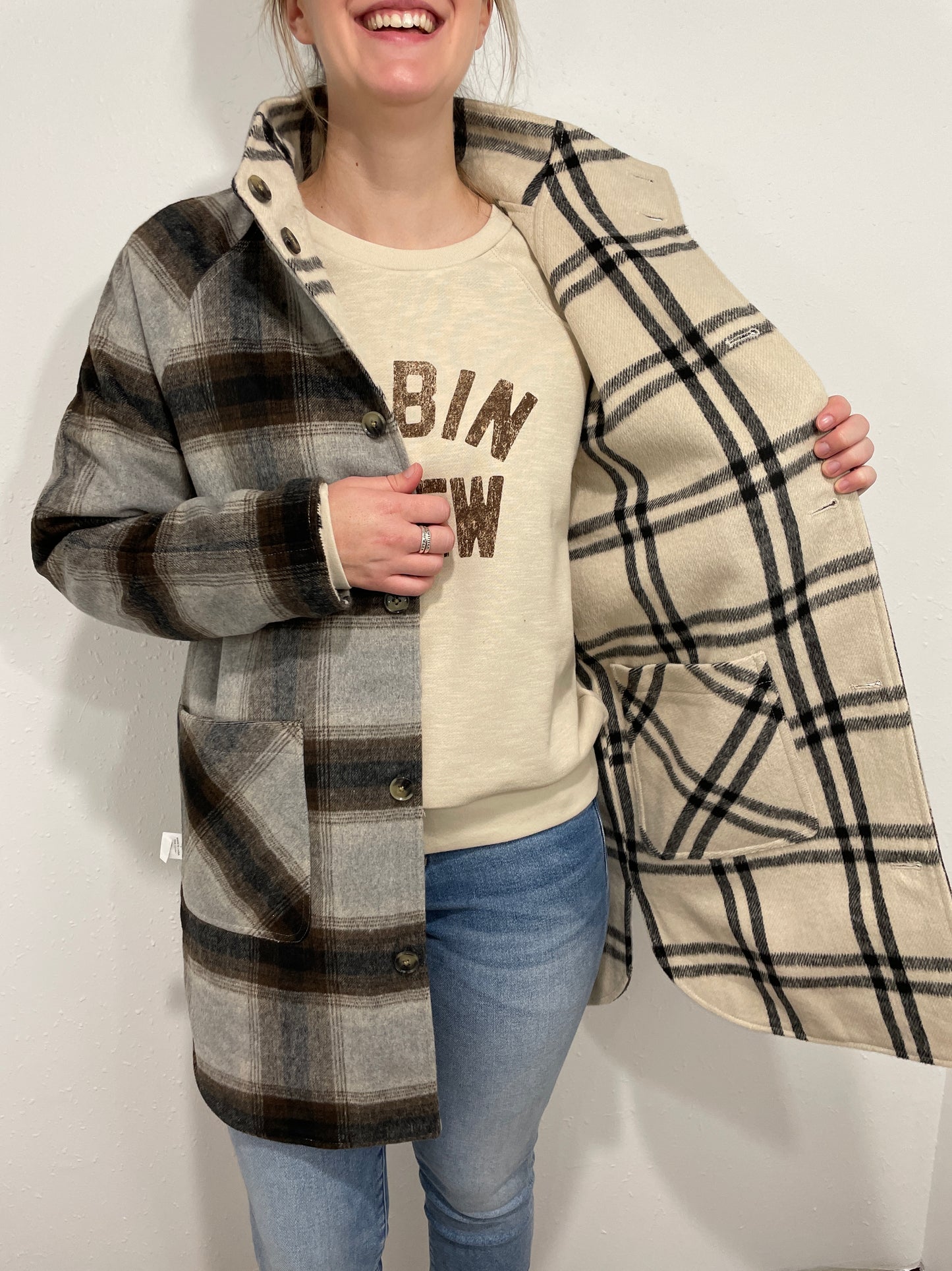 ANETA REVERSIBLE PLAID COAT - OFF WHITE/GREY/BLACK
