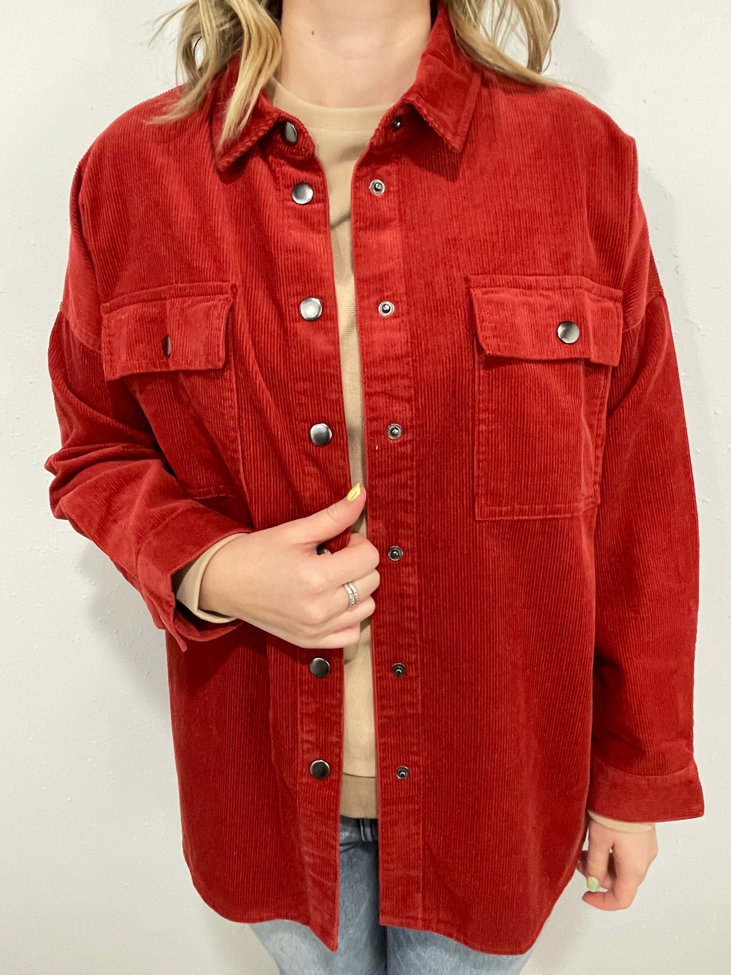 LOVING HIM WAS RED CORD SHACKET - DEEP RED