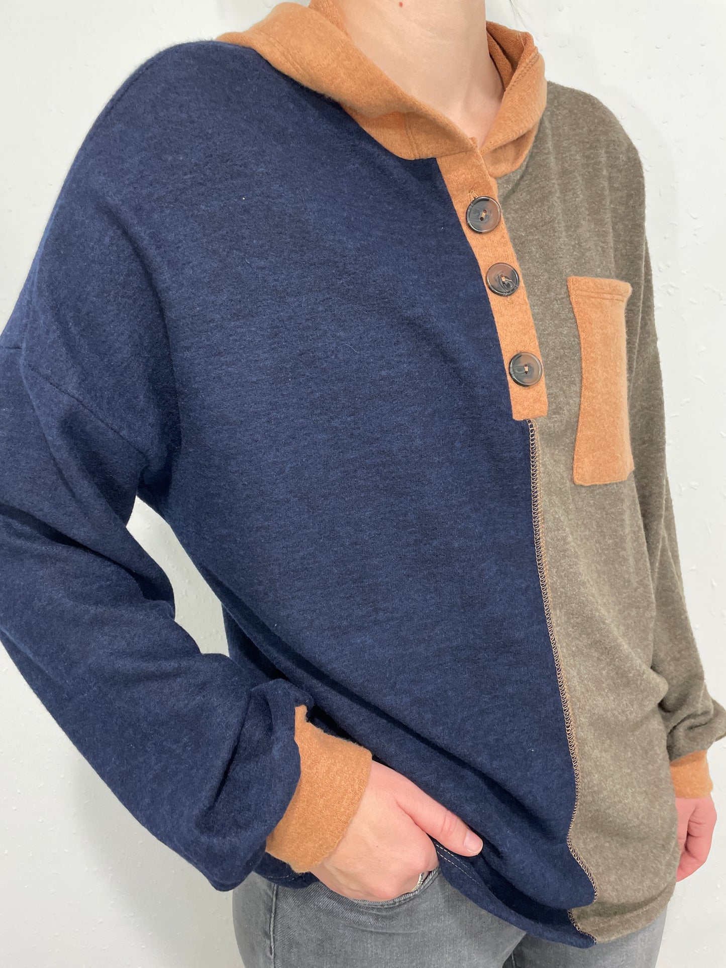 HAILEY & CO COLOR BLOCK HOODIE - NAVY/GREY/TAUPE