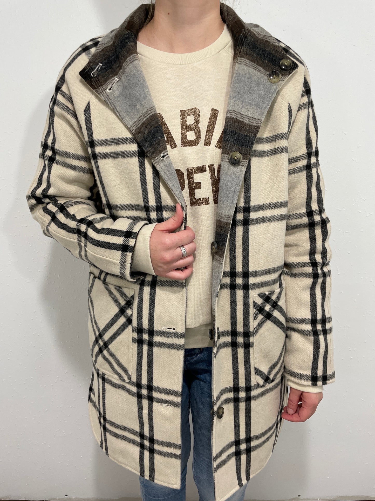 ANETA REVERSIBLE PLAID COAT - OFF WHITE/GREY/BLACK