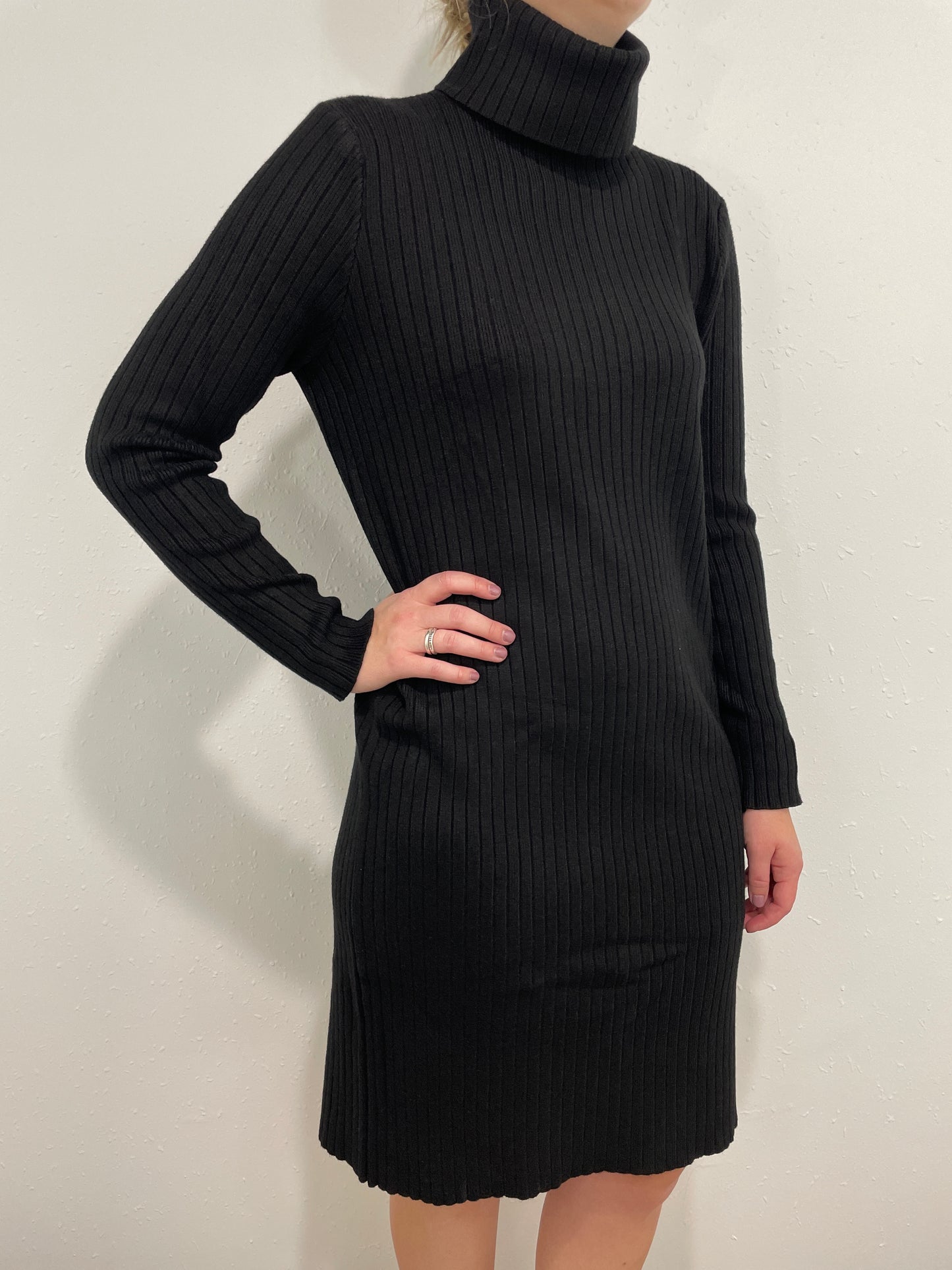 HANA RIBBED TURTLENECK DRESS - BLACK