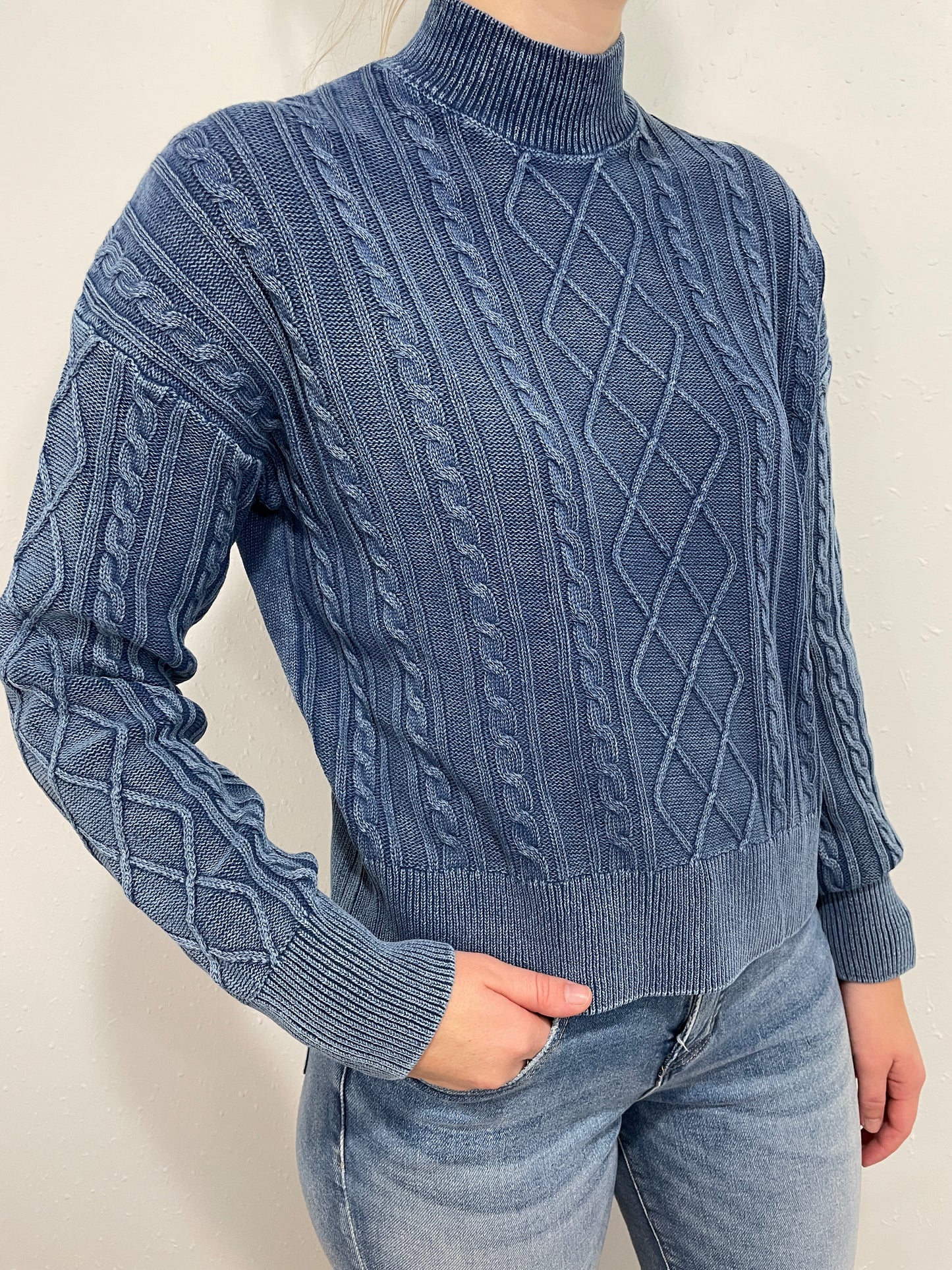 MAYFIELD CABLE KNIT CROPPED SWEATER - DENIM BLUE