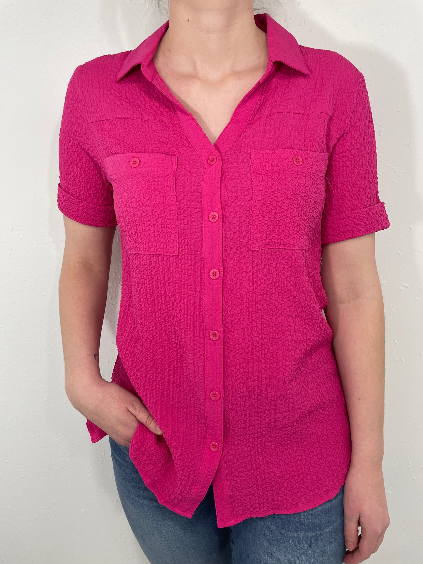 PINK IS THE NEW BLACK BUTTON UP - FUCHSA