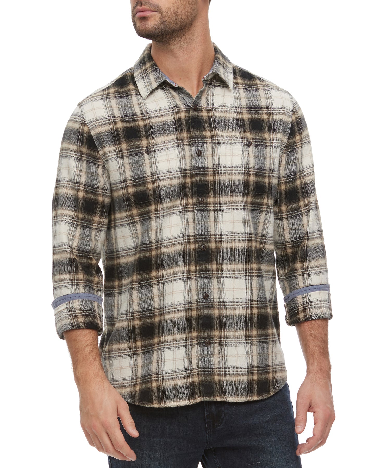 FLAG & ANTHEM ESPARTO FLANNEL BUTTON DOWN - WHITE/BLACK/TAN