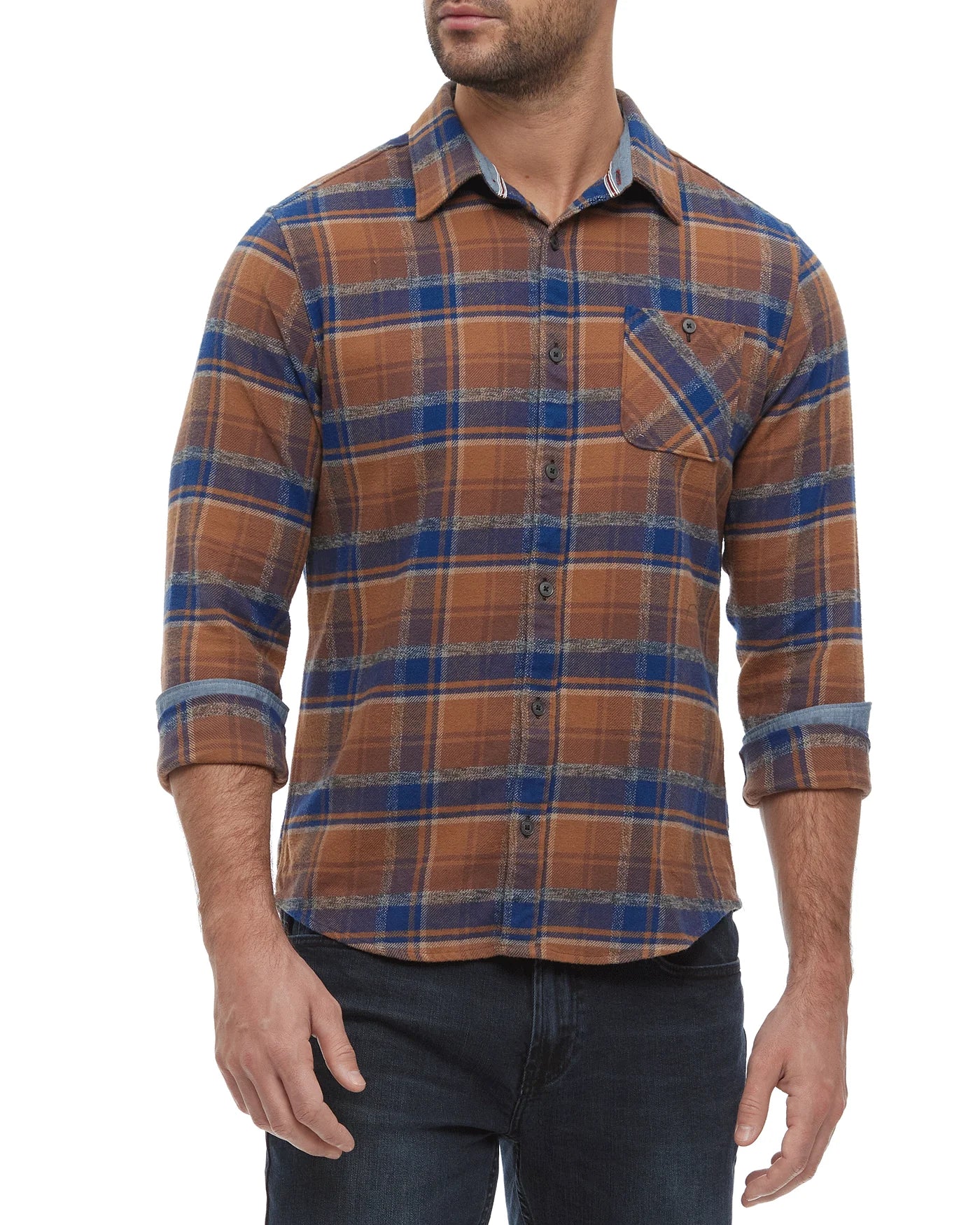 FLAG & ANTHEM IRONWOOD FLANNEL BUTTON DOWN - BROWN/NAVY