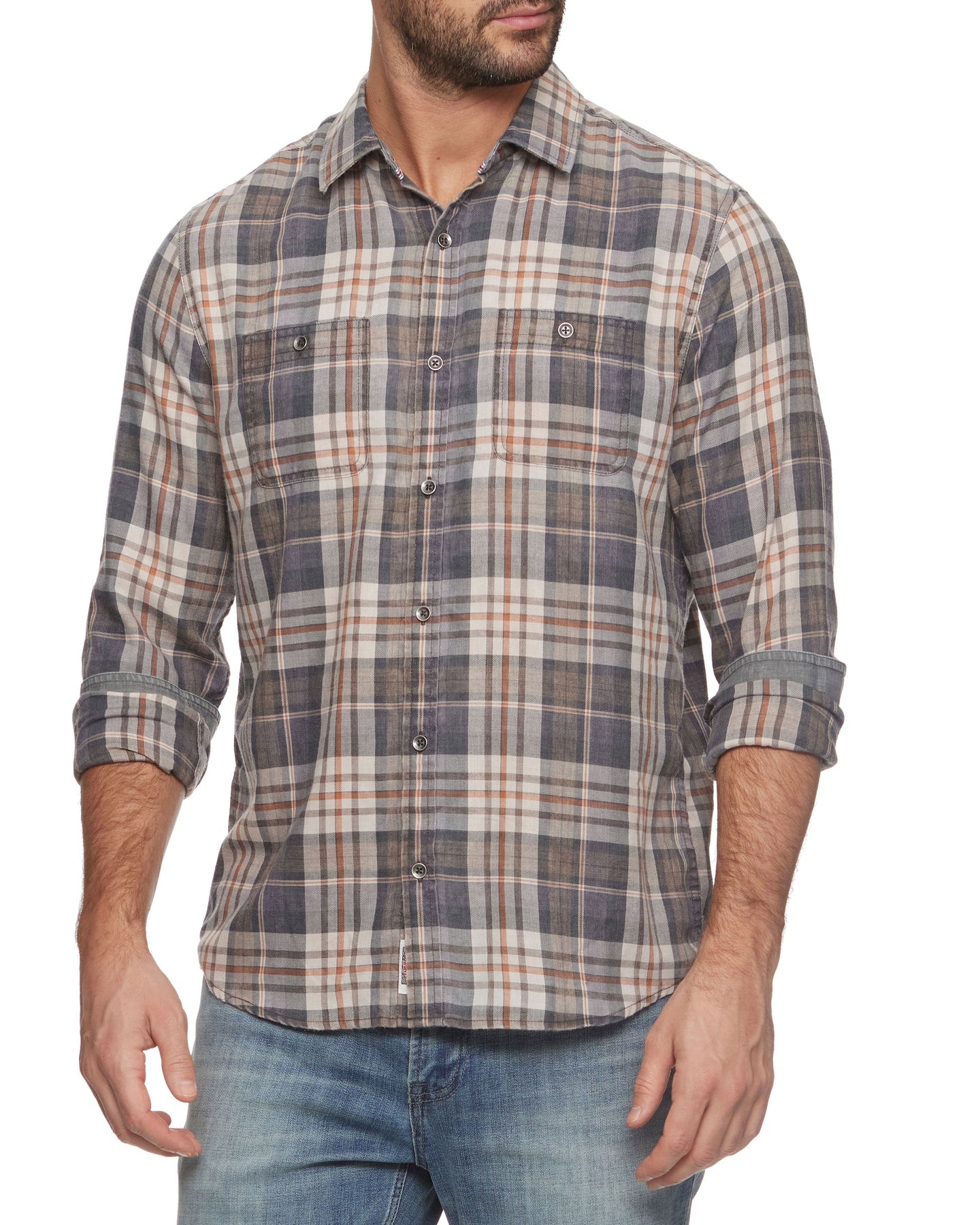 FLAG & ANTHEM MELLWOOD BUTTON DOWN - CHARCOAL/CREAM/BROWN
