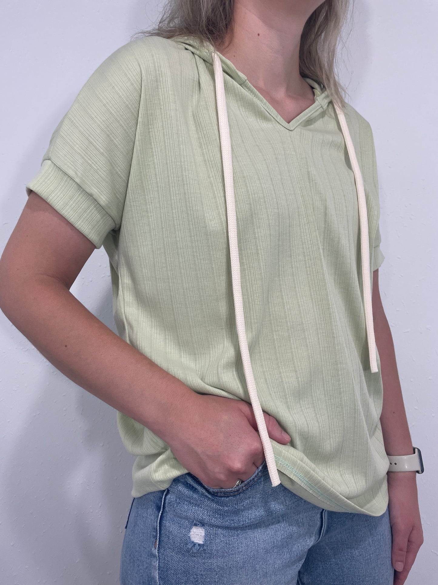 RIBBED SHORT SLEEVED HOODIE - LIME