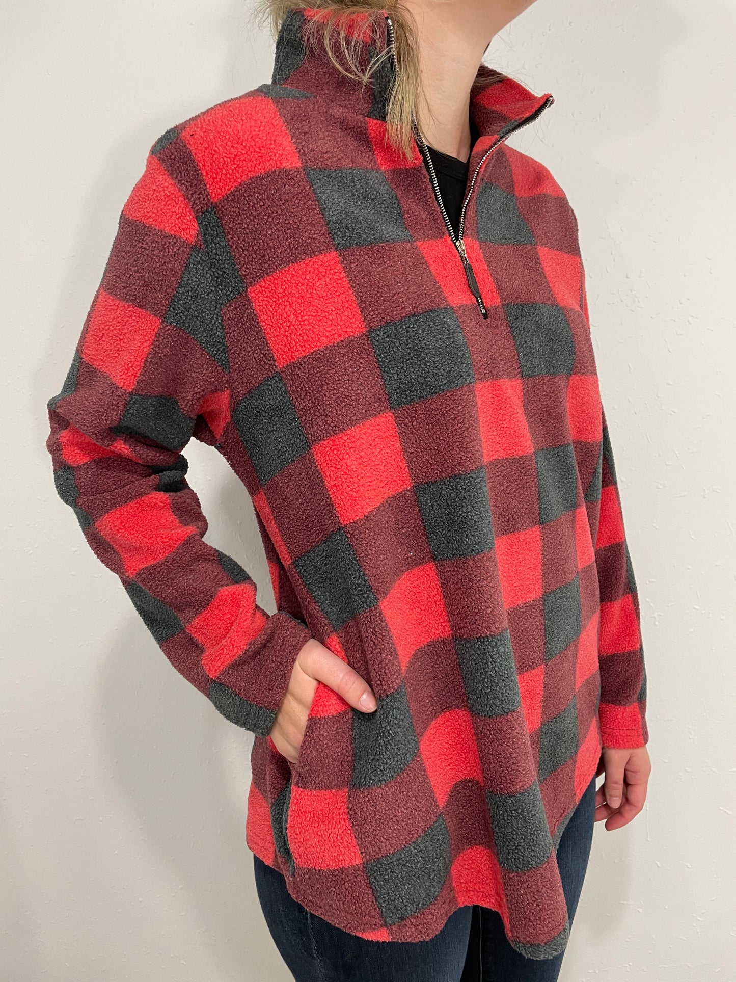 COLOR ME RED 1/4 ZIP FLEECE PULLOVER - RED/GREY