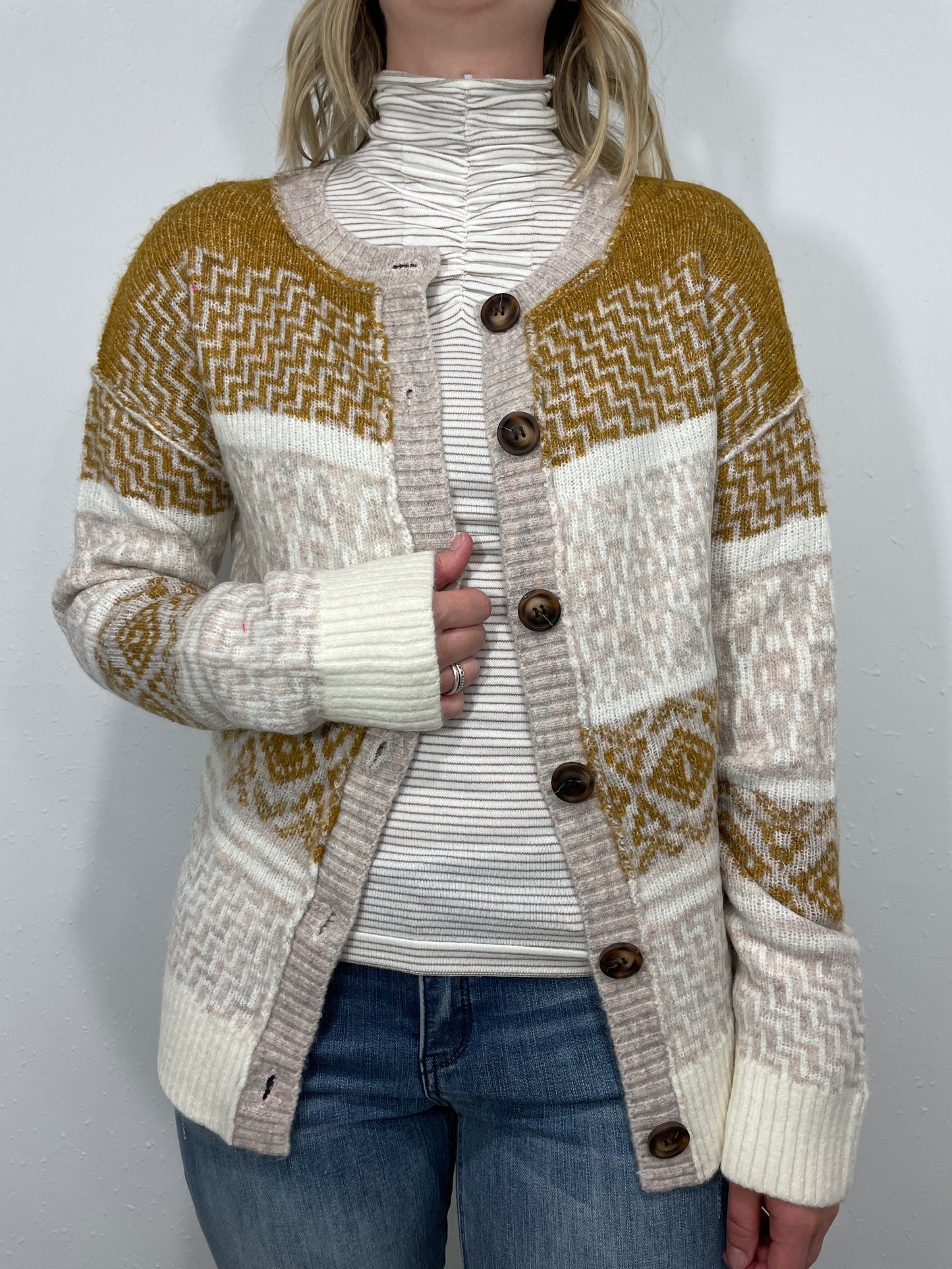 AZTEC KNIT BUTTON DOWN CARDIGAN - BROWN/TAUPE