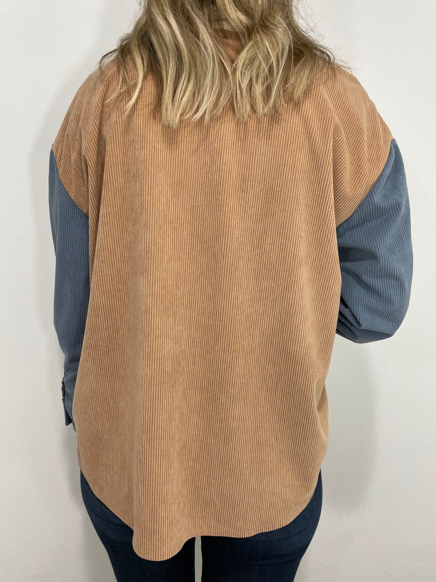 TRIBAL TRI-TONE CORDUROY SHACKET - CINNAMON/BLUE