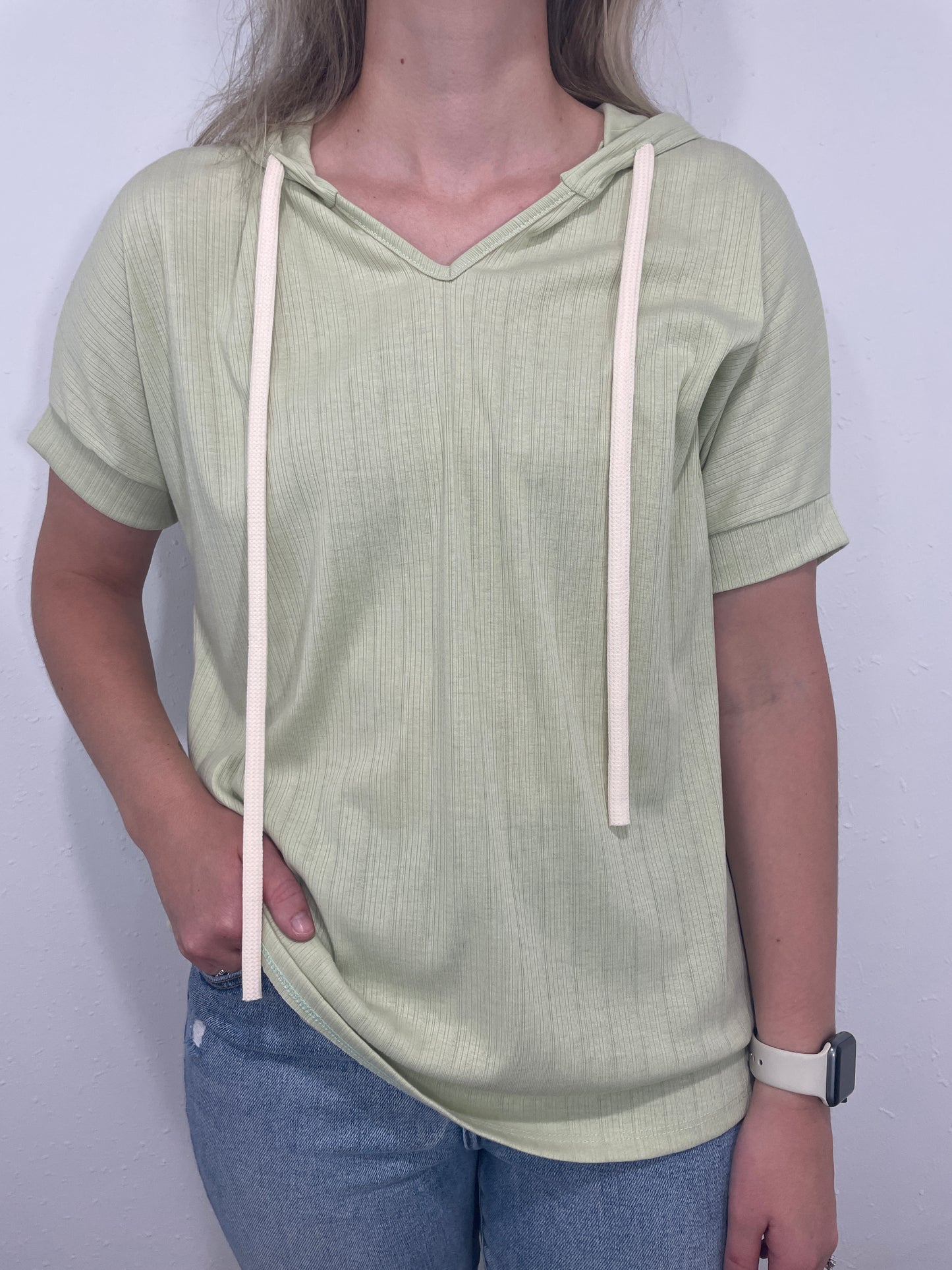 RIBBED SHORT SLEEVED HOODIE - LIME