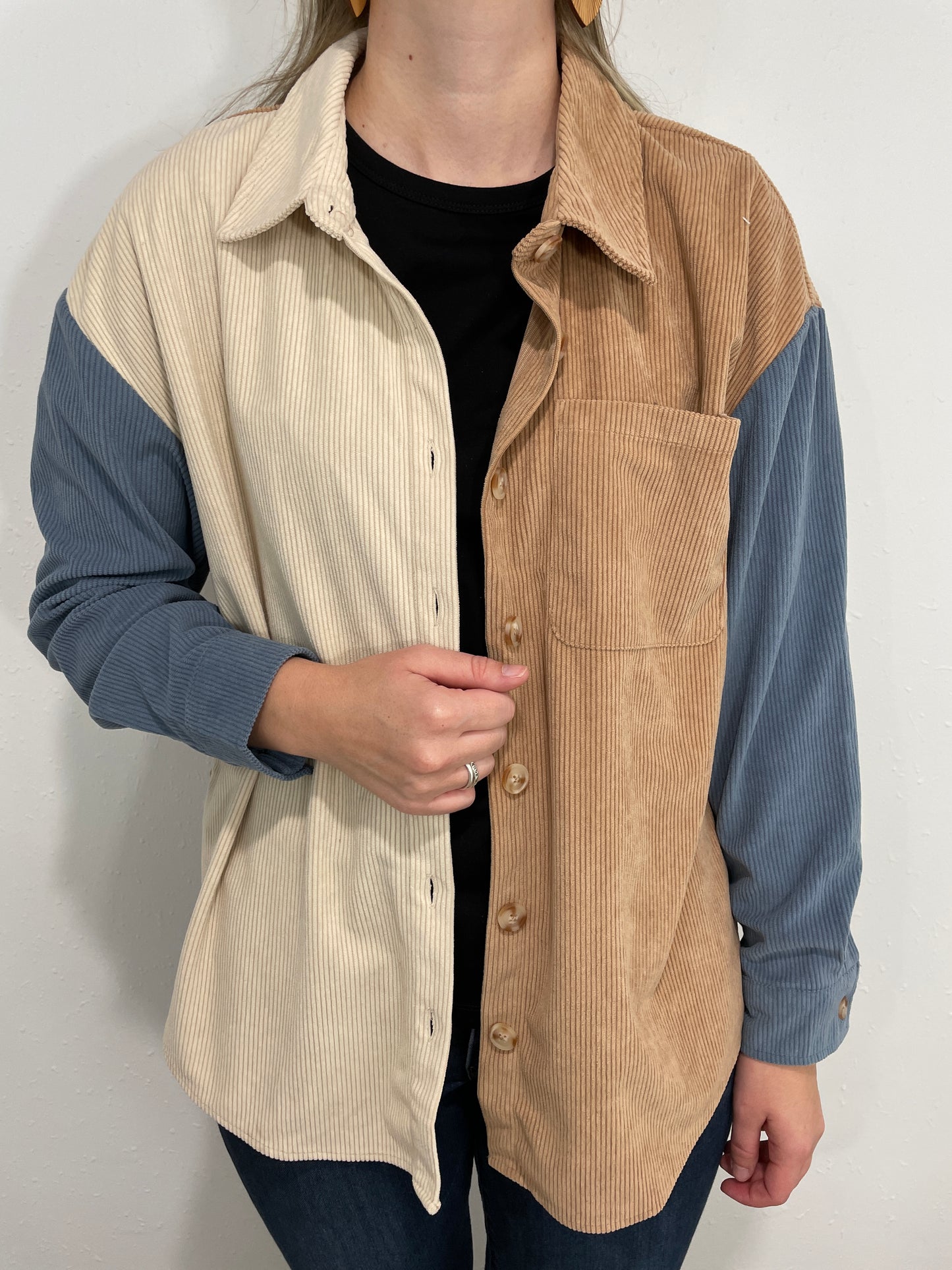 TRIBAL TRI-TONE CORDUROY SHACKET - CINNAMON/BLUE