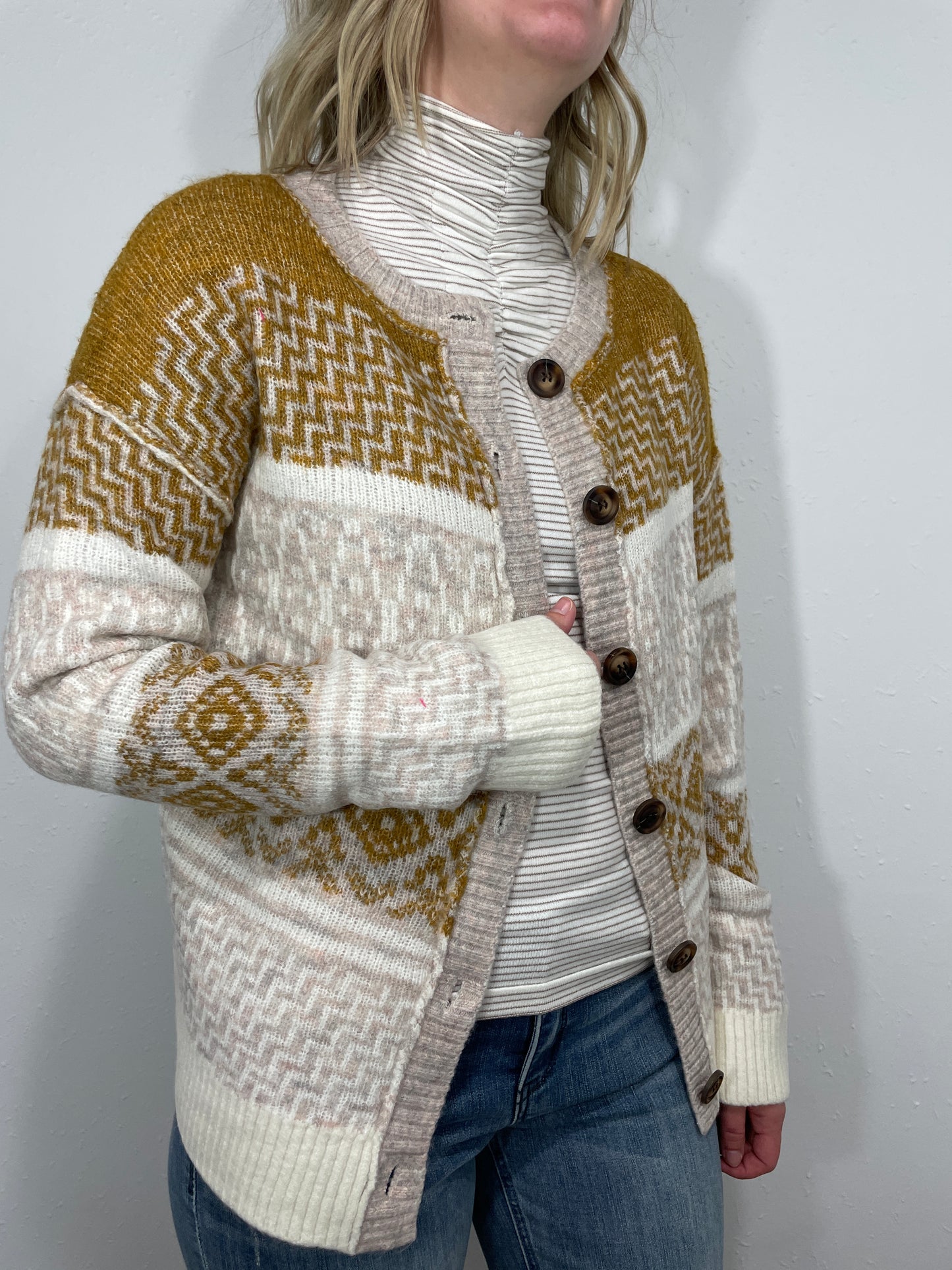 AZTEC KNIT BUTTON DOWN CARDIGAN - BROWN/TAUPE