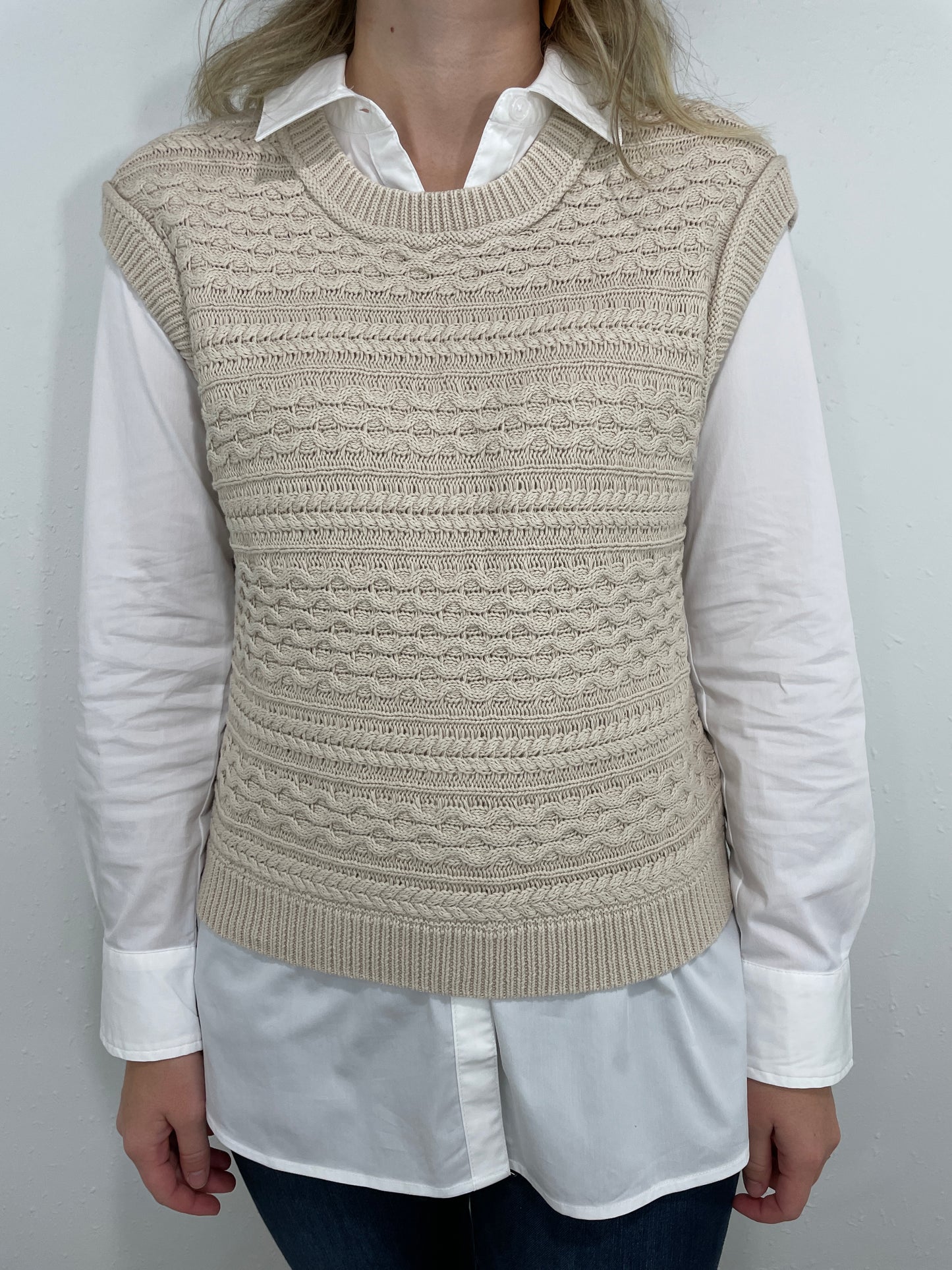 TRIBAL CREW NECK KNIT SWEATER VEST - BONE