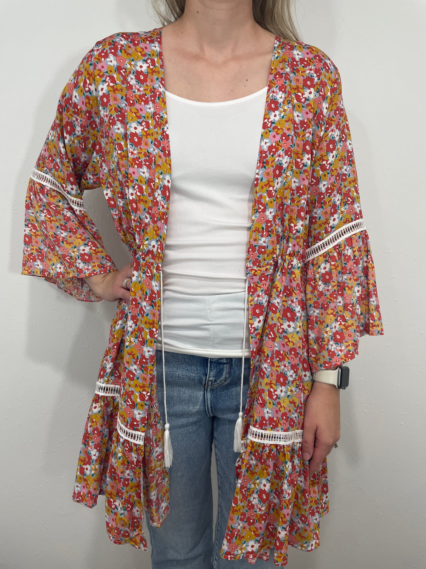 MEADOWLARK RUFFLE CARDIGAN - CORAL MULTI
