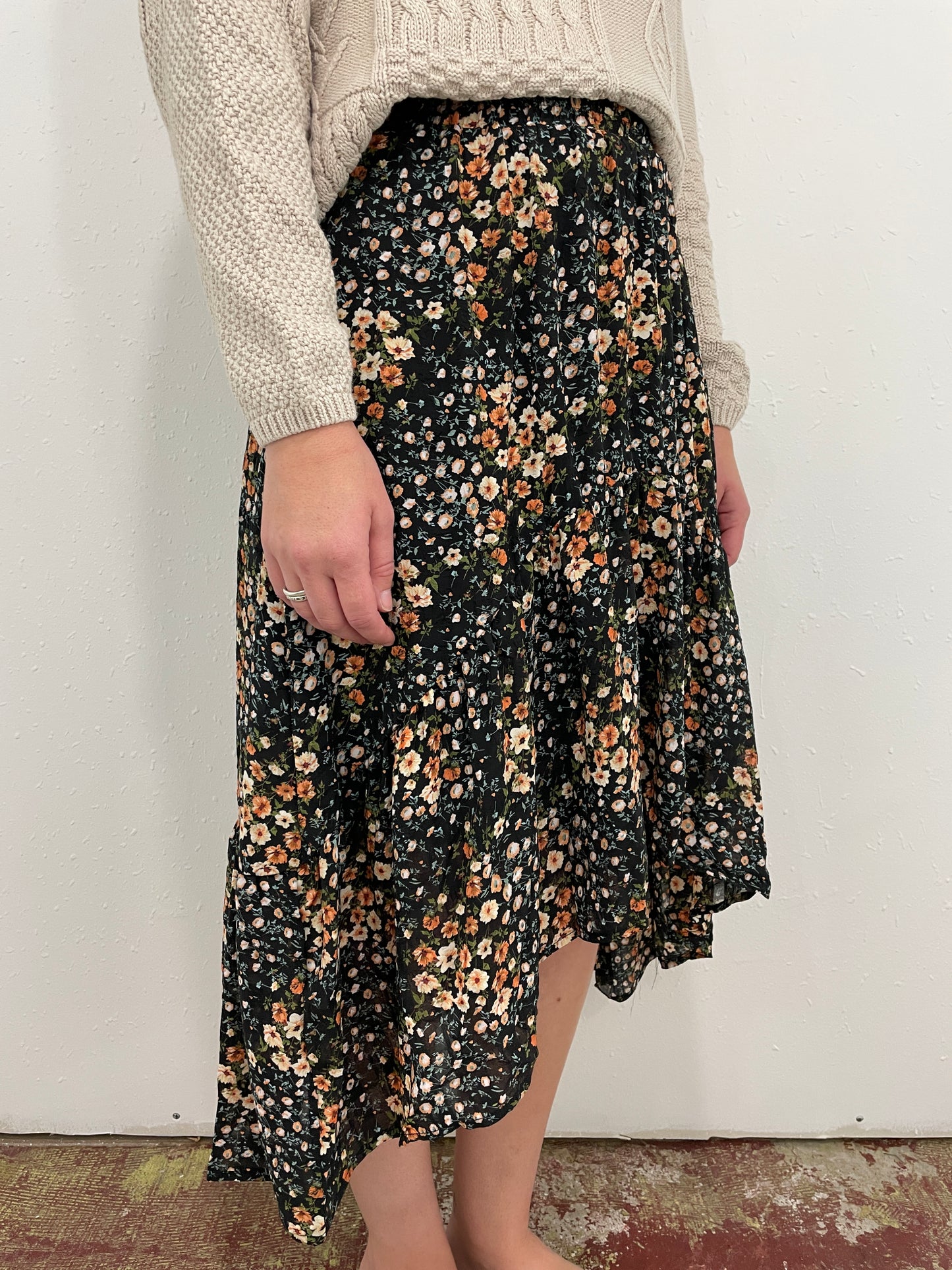 FLOWER POWER HI-LO SKIRT - BLACK MULTI