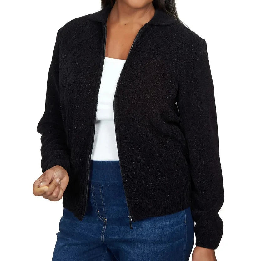 ZIP FRONT CHENILLE CARDIGAN - BLACK